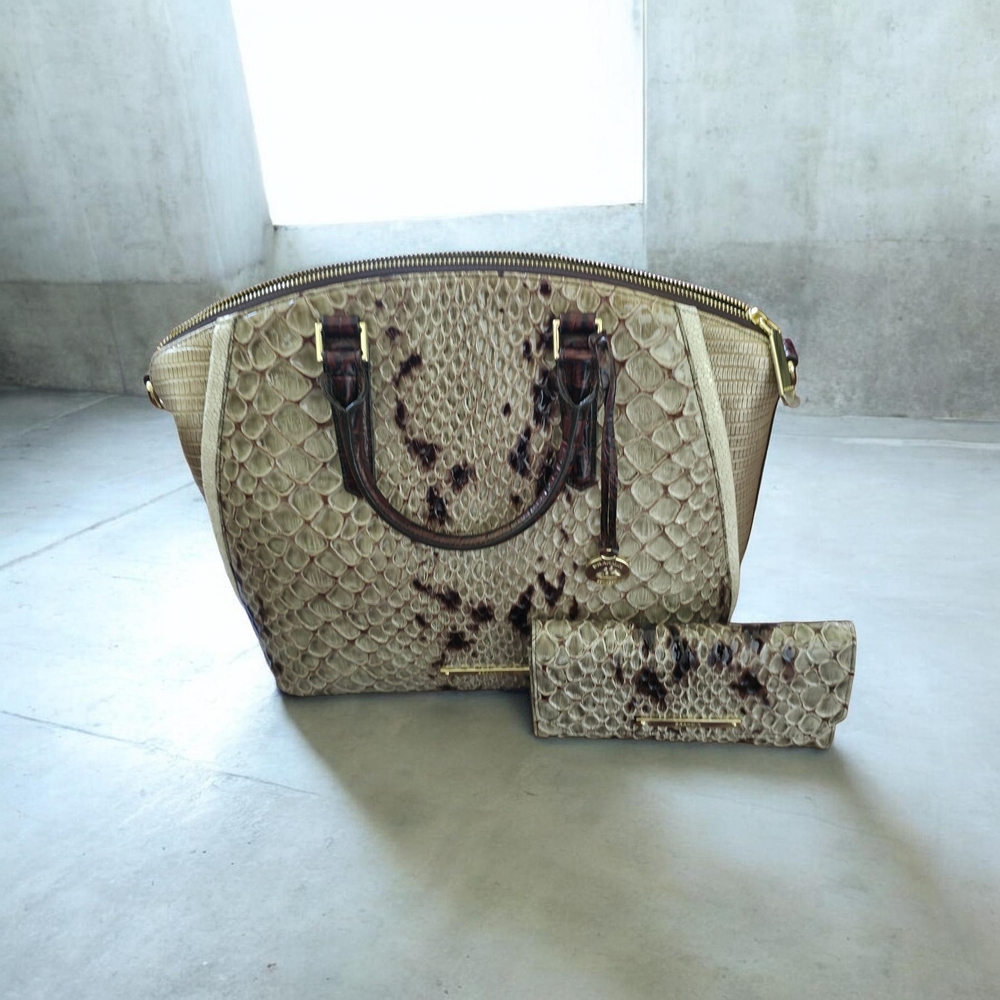 Brahmin Beige Snakeskin Satchel with Brown Accents and Matching Wallet